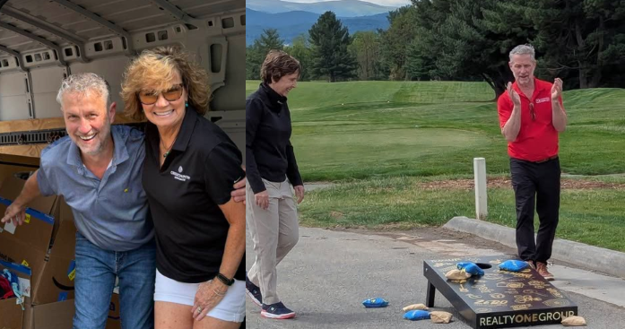 Joe participating in a community cornhole event